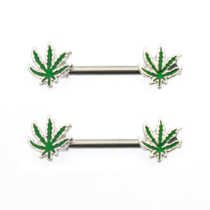 Surgical Steel 14 Gauge Nipple Barbell Green with Pot Leaf - Pair