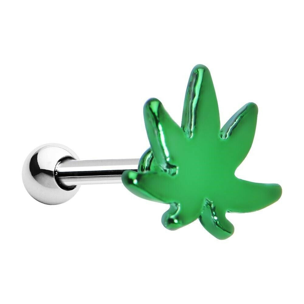 Surgical Steel 16 Gauge Tragus Barbell with Green Pot Leaf