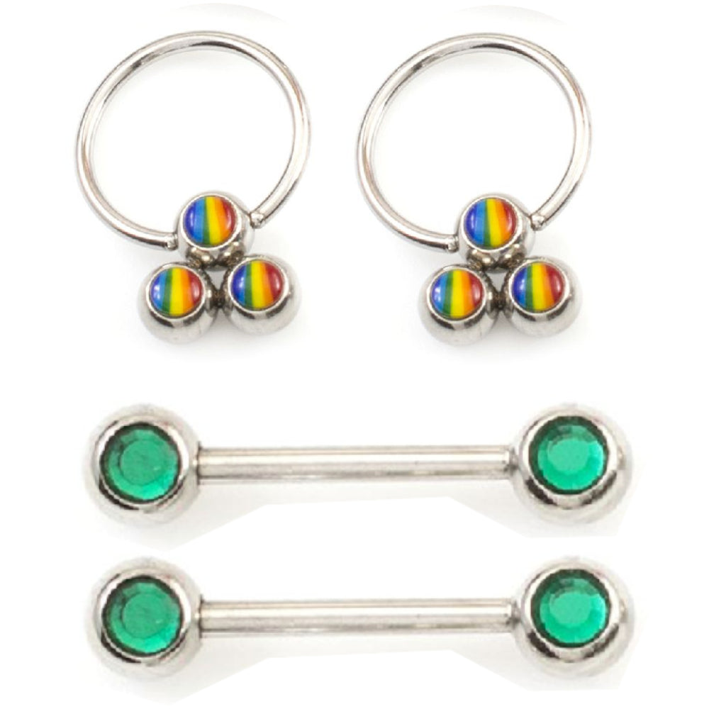 Surgical Steel 16G Straight Barbell & Captive Bead Ring Green CZ Set