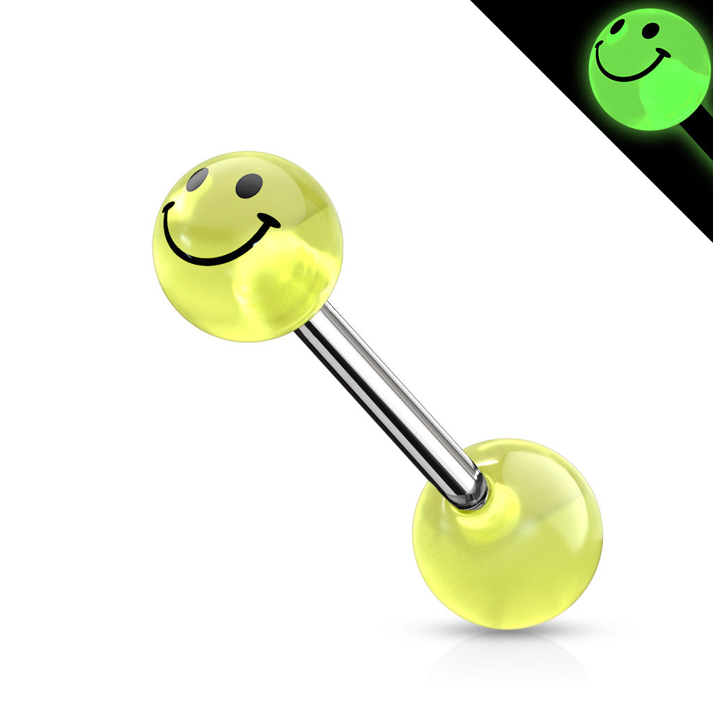 Surgical Steel 14 Gauge Tongue Barbell with Glow Smiley Face Ball - photo 7