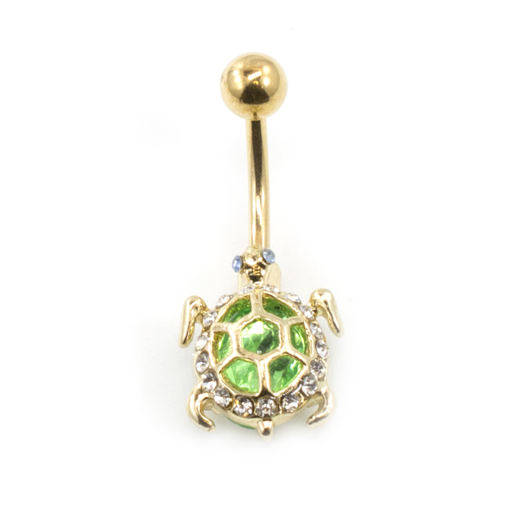 Surgical Steel 14 Gauge Belly Ring with Green CZ Turtle Design