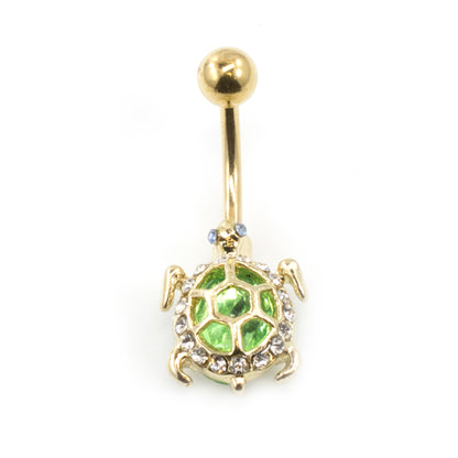 Surgical Steel 14 Gauge Belly Ring with Green CZ Turtle Design