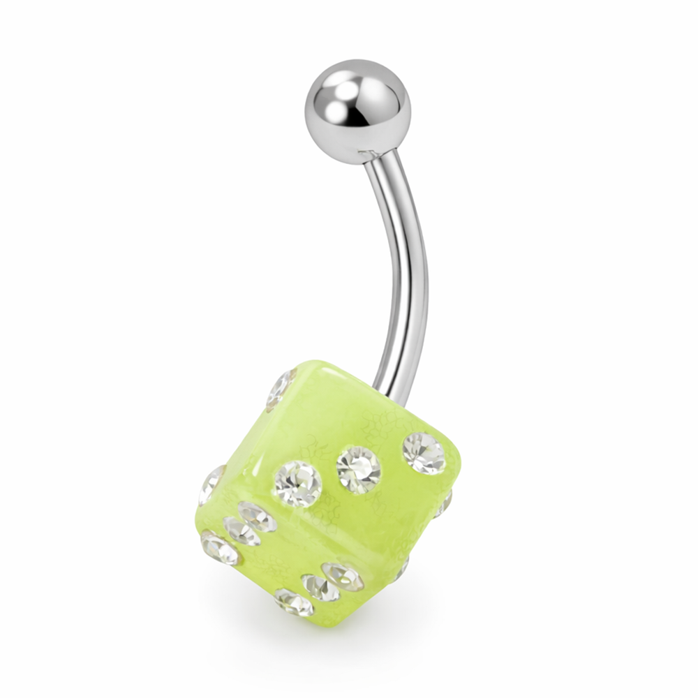 Surgical Steel 14 Gauge Belly Ring with Green UV Acrylic Dice