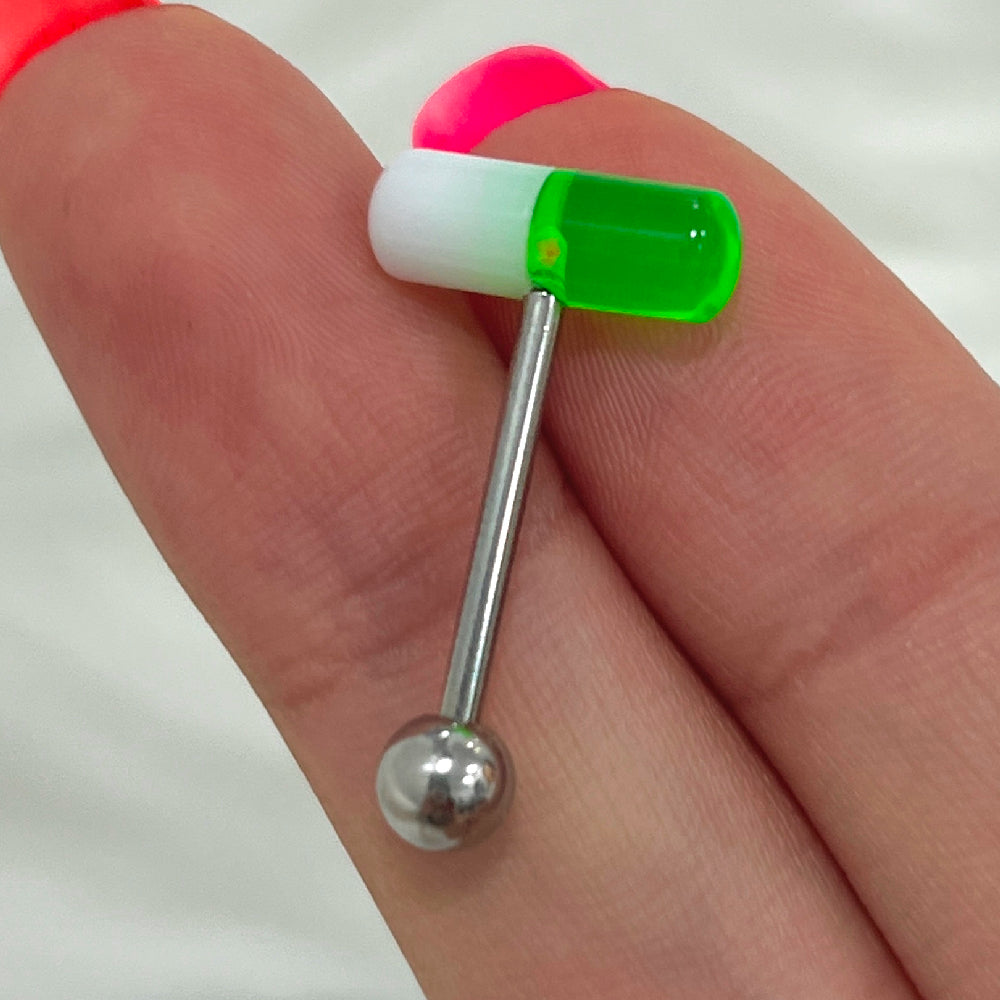 Surgical Steel 14 Gauge Tongue Barbell with UV Glow Acrylic Pill Ends - photo 7