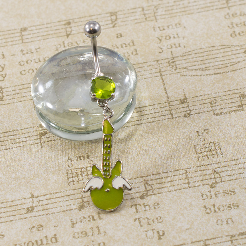 Surgical Steel 14 Gauge Belly Ring Guitar Dangle with Green CZ - photo 4