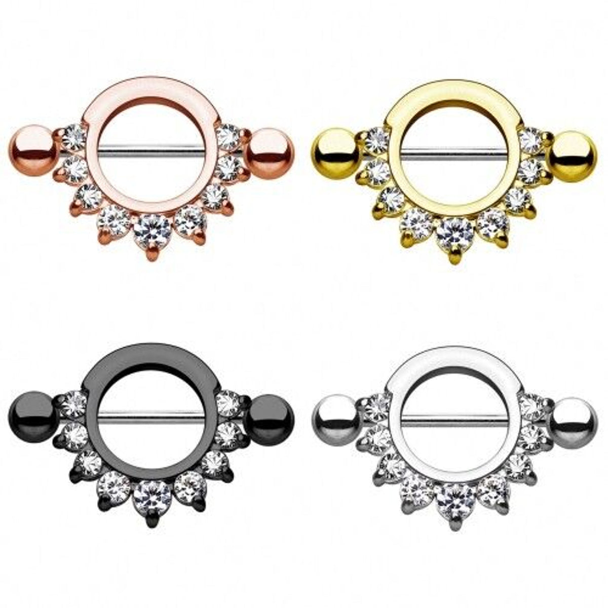 Surgical Steel 14 Gauge Nipple Shield Ring with CZ Half Circle - Pair