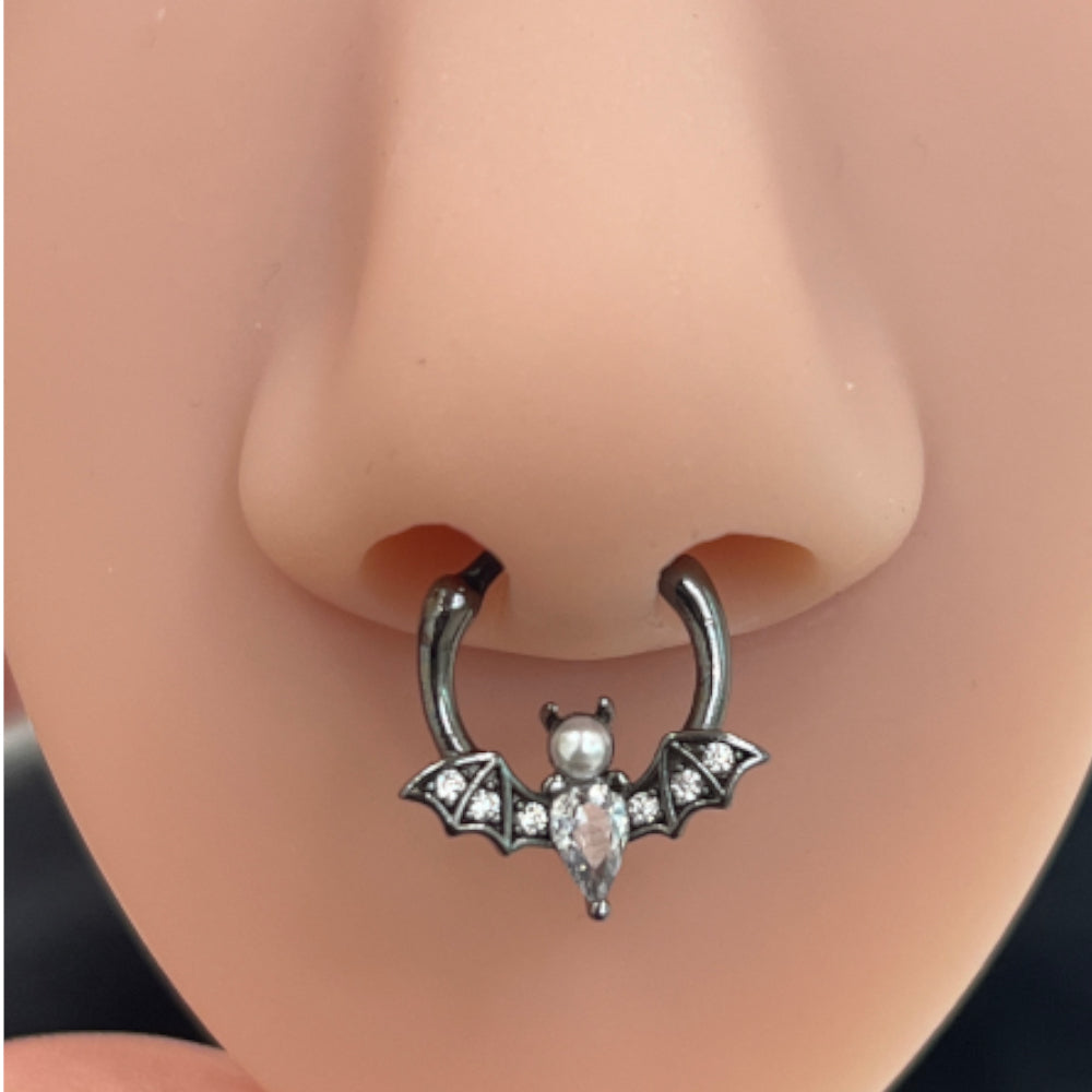 Titanium Hinged Segment Ring 16G 10mm with Vampire Bat CZ & Pearl - photo 3