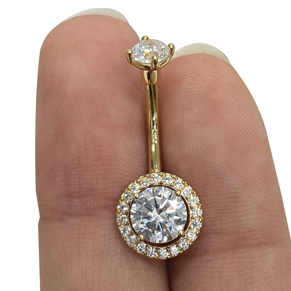 14K Solid Gold 14 Gauge Belly Ring with CZ Halo - photo 3