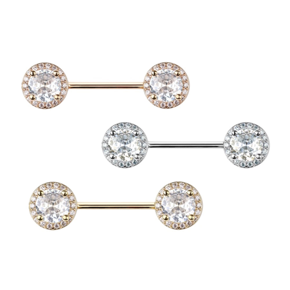 Surgical Steel 14 Gauge Nipple Barbells with Halo Frame CZ - Pair