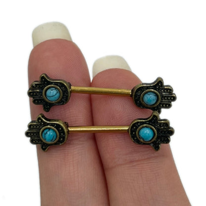 Surgical Steel Nipple Barbells with Turquoise Hamsa Hand - Pair - photo 3