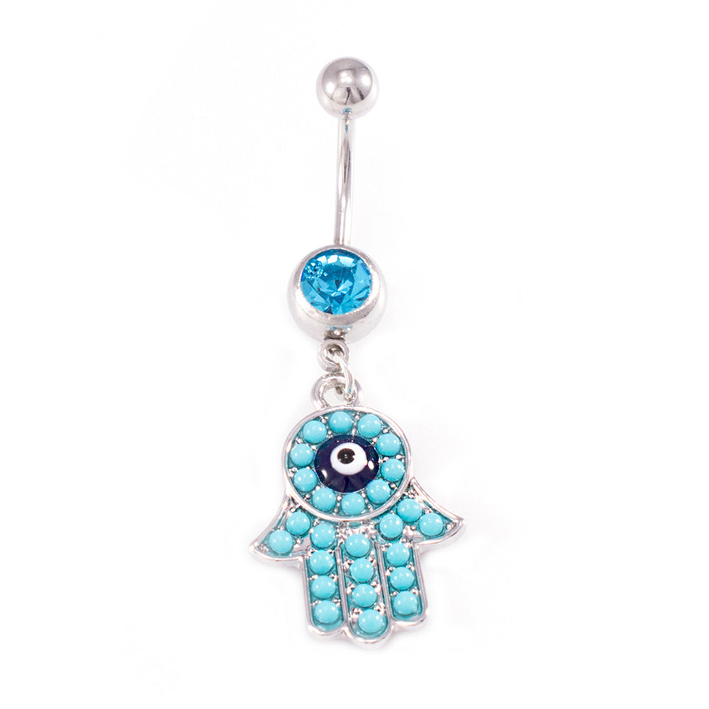 Surgical Steel 14 Gauge Belly Ring CZ with Dangling Hamsa Hand