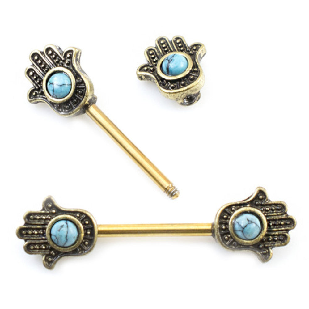 Surgical Steel Nipple Barbells with Turquoise Hamsa Hand - Pair - photo 4