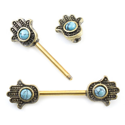 Surgical Steel Nipple Barbells with Turquoise Hamsa Hand - Pair - photo 4