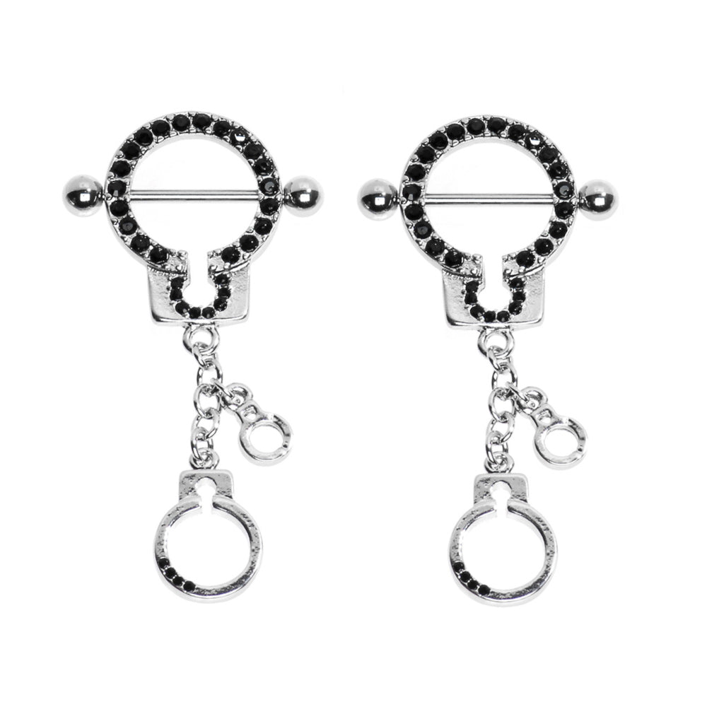 Surgical Steel Black CZ Handcuff Nipple Shield Rings 14 Gauge - Pair