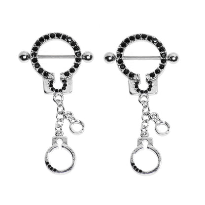Surgical Steel Black CZ Handcuff Nipple Shield Rings 14 Gauge - Pair