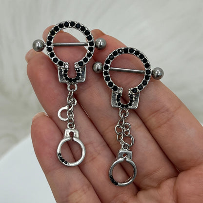 Surgical Steel Black CZ Handcuff Nipple Shield Rings 14 Gauge - Pair
