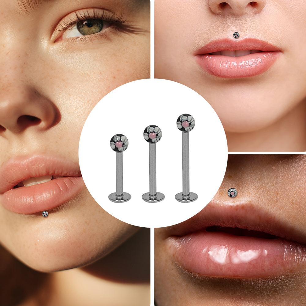 Surgical Steel 16 Gauge Hand Painted Flower Ball Flat Back Labret