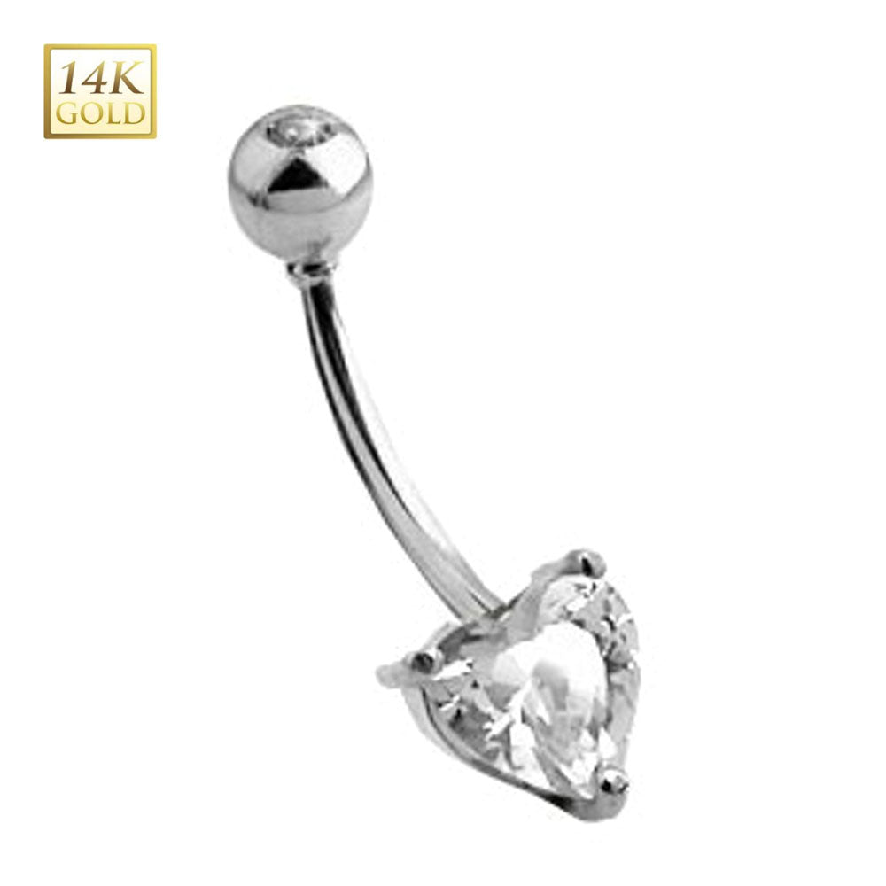14K Solid White Gold 14 Gauge Prong Set Heart CZ Belly Ring - photo 2