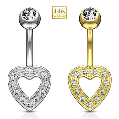 14K Solid Gold 14 Gauge Belly Ring with CZ Heart