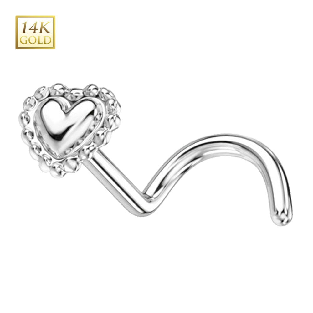 14K Solid White Gold Corkscrew Nose Stud 20G 6mm with Beaded Heart