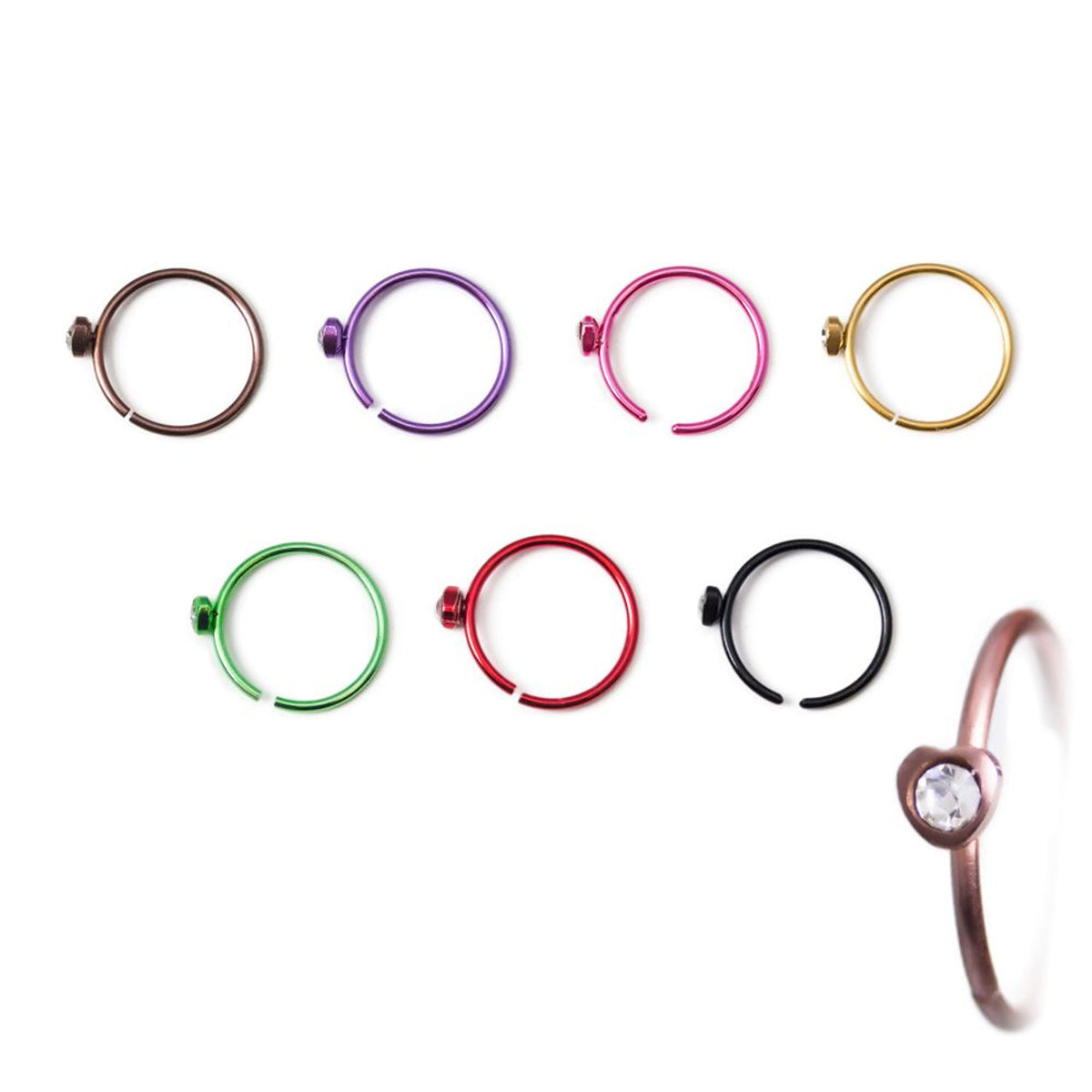 Surgical Steel 18 Gauge Nose Rings with CZ Heart Bandable - 7 Pack