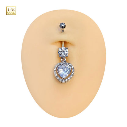14K Solid Gold 14 Gauge Belly Ring with Dangle Solitaire Heart CZ - photo 2