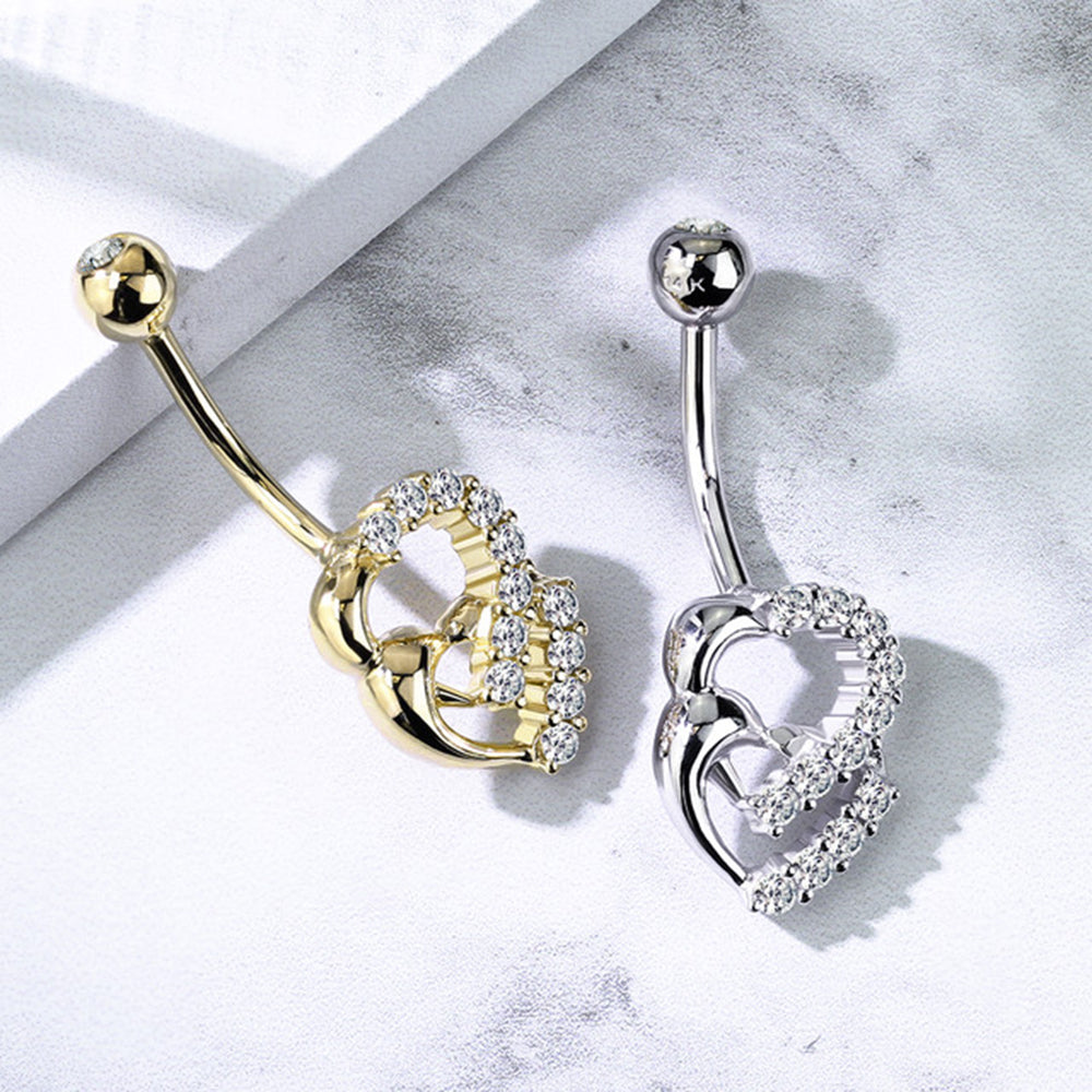 14K Solid Gold 14 Gauge Belly Ring with Double Heart Sparkle CZ - photo 3