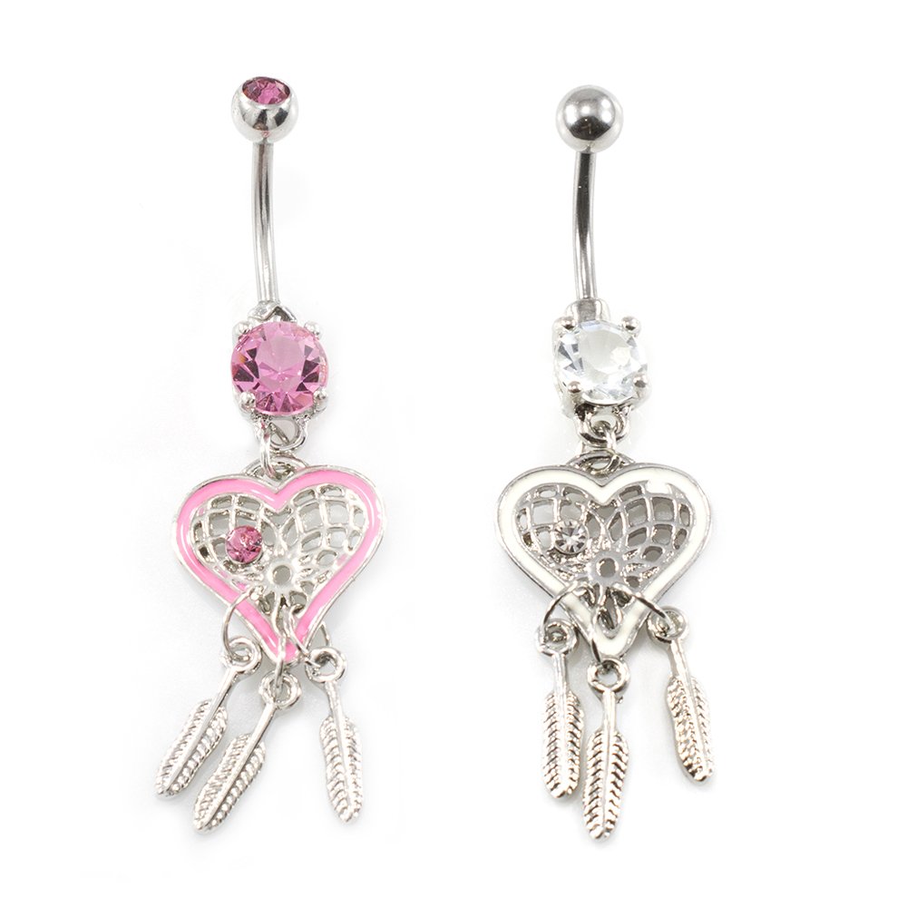 Surgical Steel 14 Gauge Belly Ring Heart CZ with Dangle Leaves