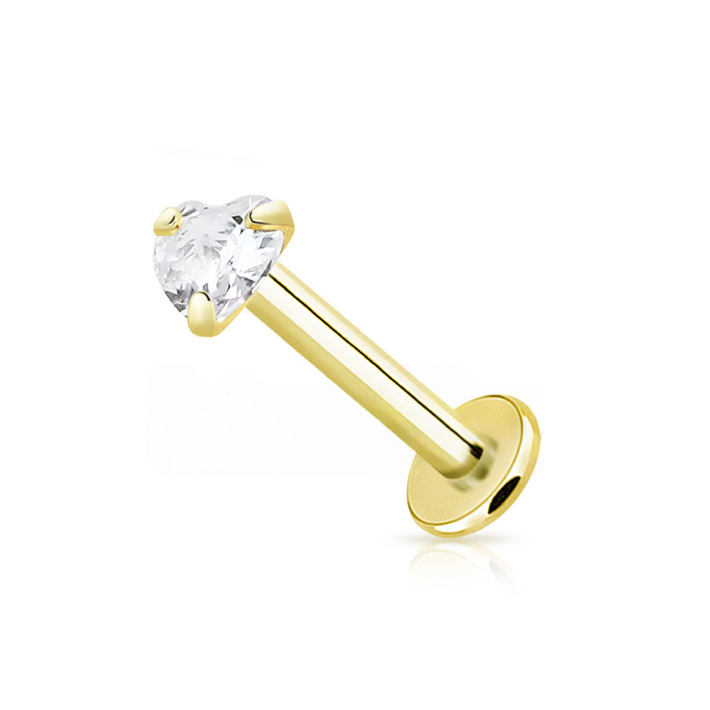14K Solid Gold Labret Stud 16G 6mm to 16mm with Heart CZ Top