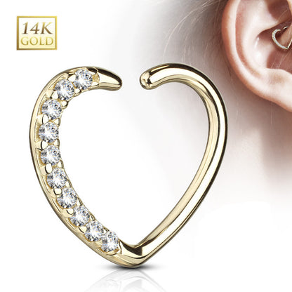 14KT Solid Gold 16 Gauge Heart Daith Hoop Earring with CZ