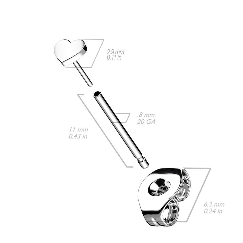 Titanium 20 Gauge Flat Heart End Earring Studs - Pair