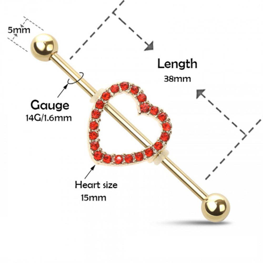 Surgical Steel 14 Gauge Industrial Barbell with PVD Gold Red CZ Heart - photo 2