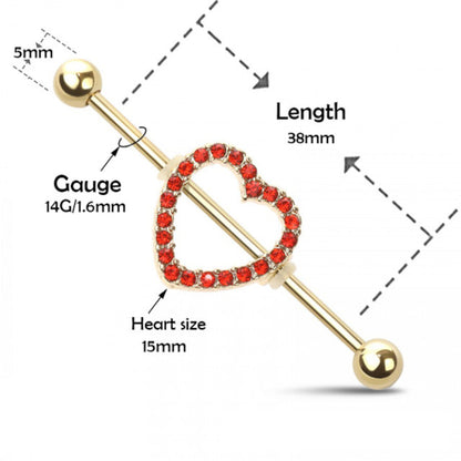 Surgical Steel 14 Gauge Industrial Barbell with PVD Gold Red CZ Heart - photo 2