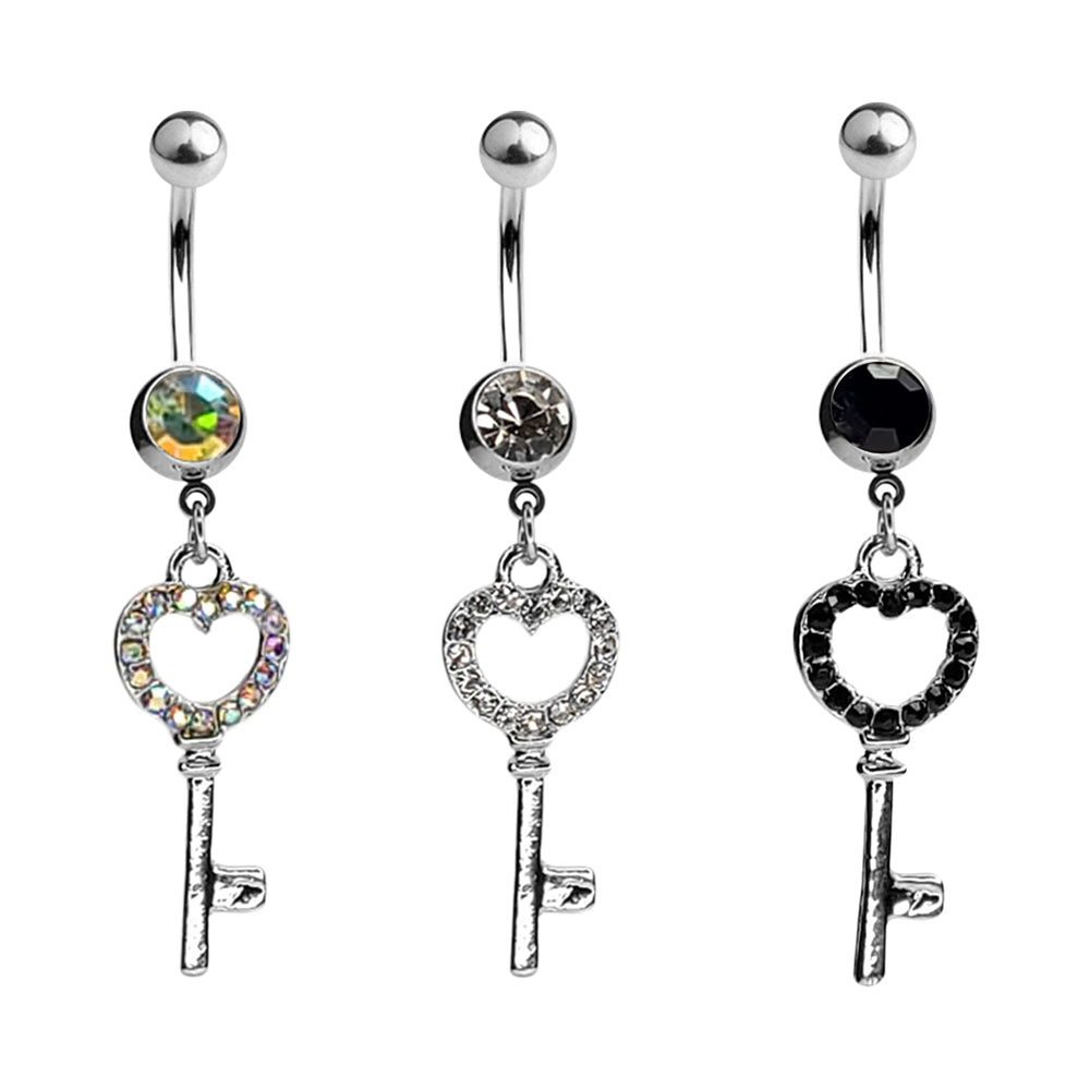Surgical Steel 14 Gauge Belly Ring with Paved CZ Heart Key Dangle