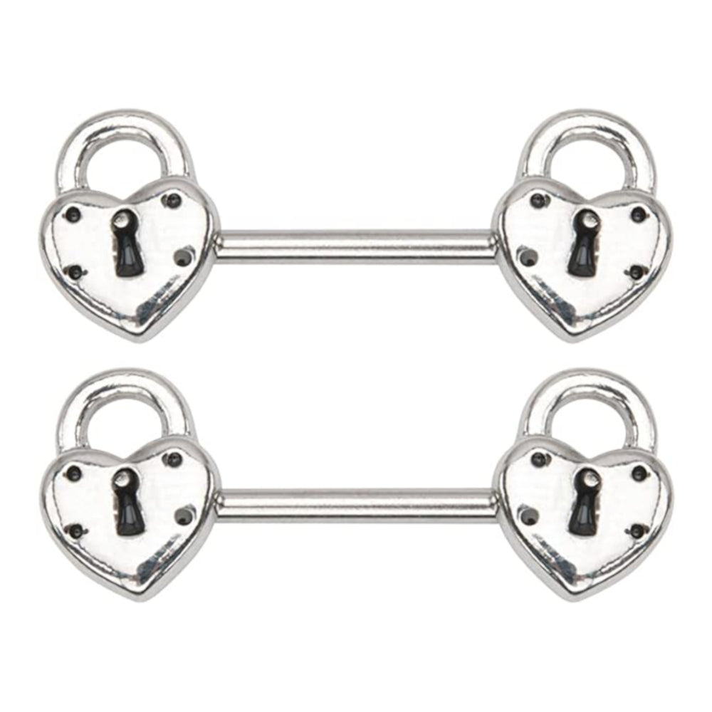 Surgical Steel 14 Gauge Heart Pad Lock Nipple Barbell - Pair