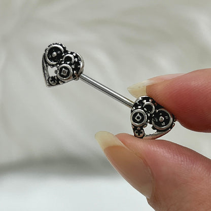 Surgical Steel 14 Gauge Nipple Barbell with Steampunk Heart - Pair - photo 2