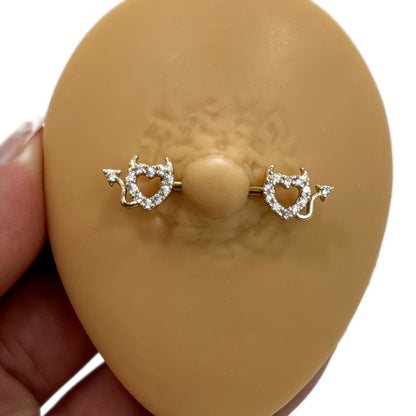 Surgical Steel Nipple Barbell 14G 14mm with CZ Devil Heart - Pair - photo 5