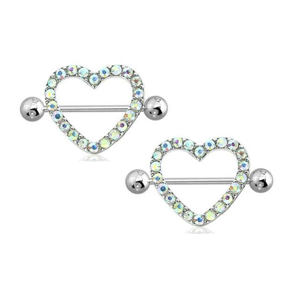 Surgical Steel Paved AB CZ Heart Nipple Shield Rings 14G 18mm - Pair