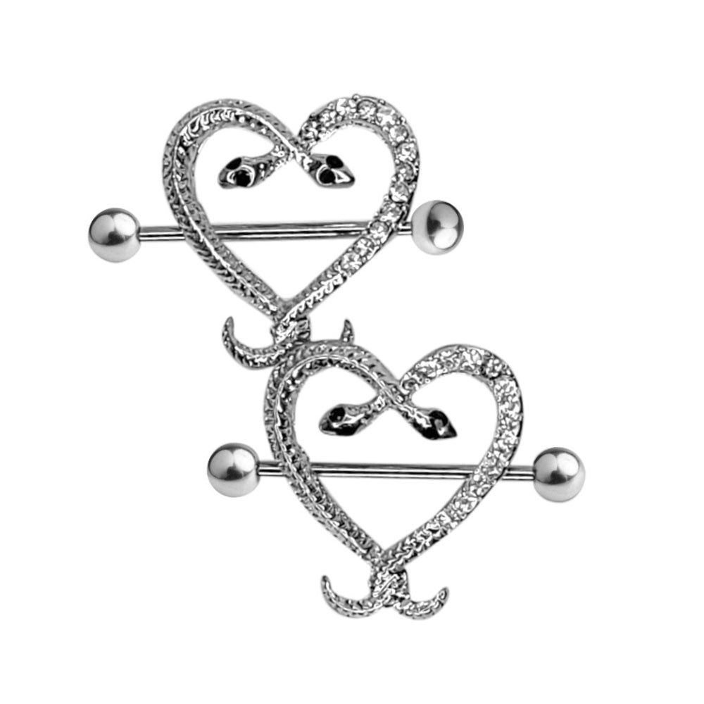 Surgical Steel 14 Gauge Nipple Shield Ring with CZ Snake Heart - Pair