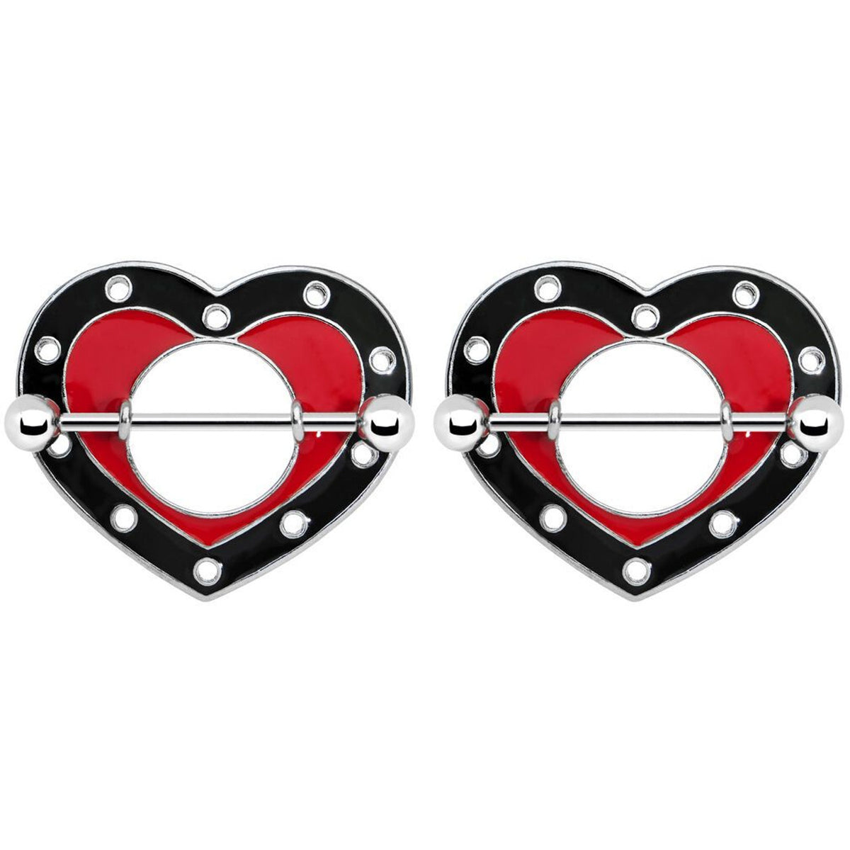 Surgical Steel 14 Gauge Nipple Shield Ring Black Red Heart - Pair
