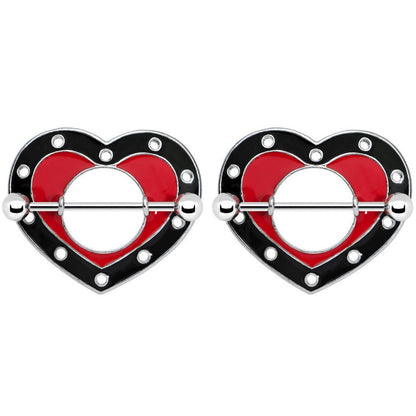 Surgical Steel 14 Gauge Nipple Shield Ring Black Red Heart - Pair