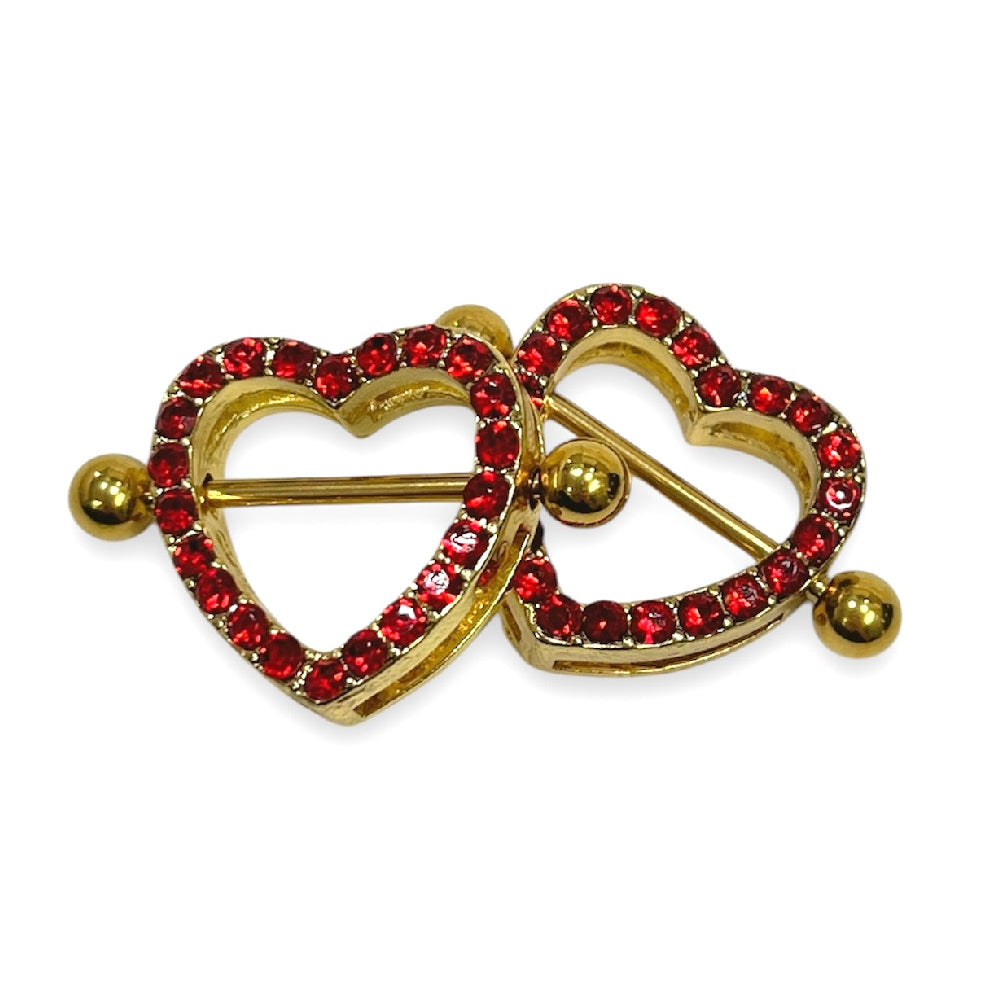 Surgical Steel Nipple Shield Ring 14G with Paved Red CZ Heart - Pair