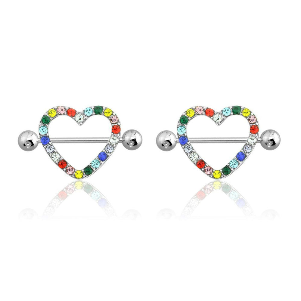 Surgical Steel AB Gems Paved CZ Heart Nipple Shield 14G 18mm - Pair