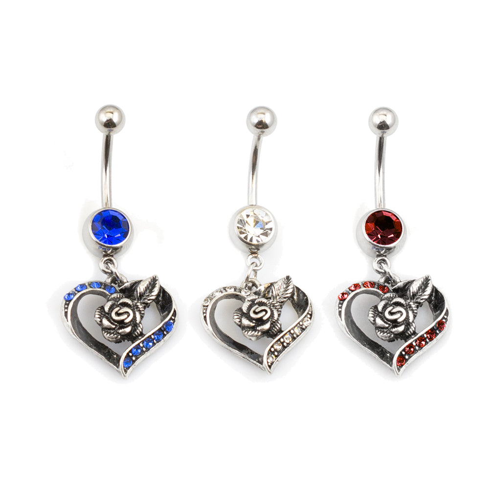 Surgical Steel 14 Gauge Belly Ring with CZ Heart and Rose Dangle