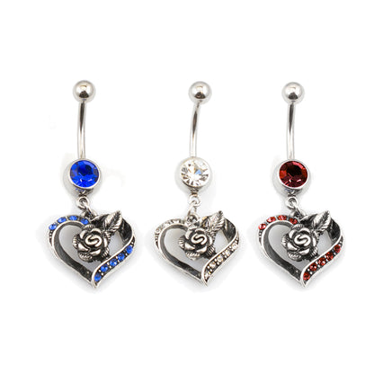 Surgical Steel 14 Gauge Belly Ring with CZ Heart and Rose Dangle