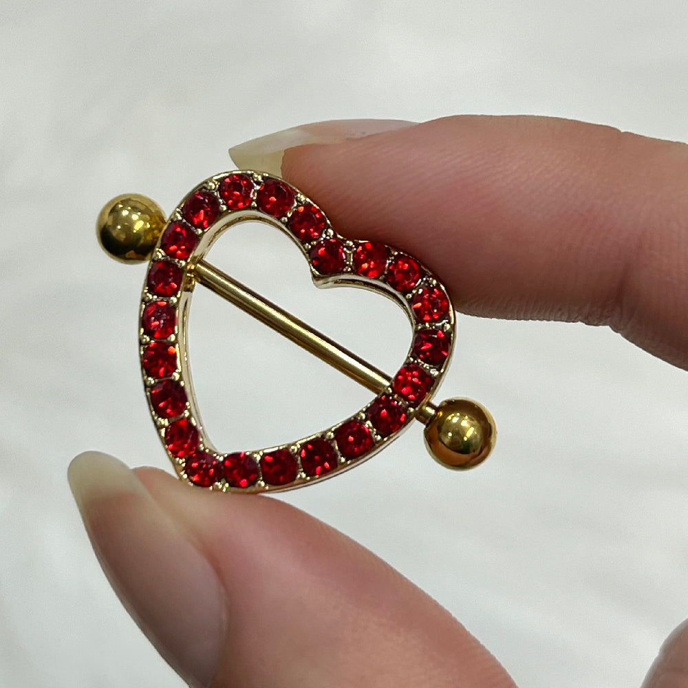 Surgical Steel Nipple Shield Ring 14G with Paved Red CZ Heart - Pair - photo 5