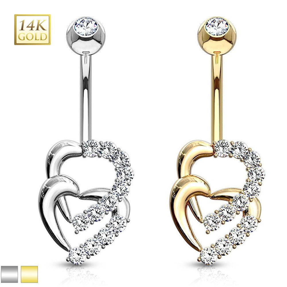 14K Solid Gold 14 Gauge Belly Ring with Double Heart Sparkle CZ
