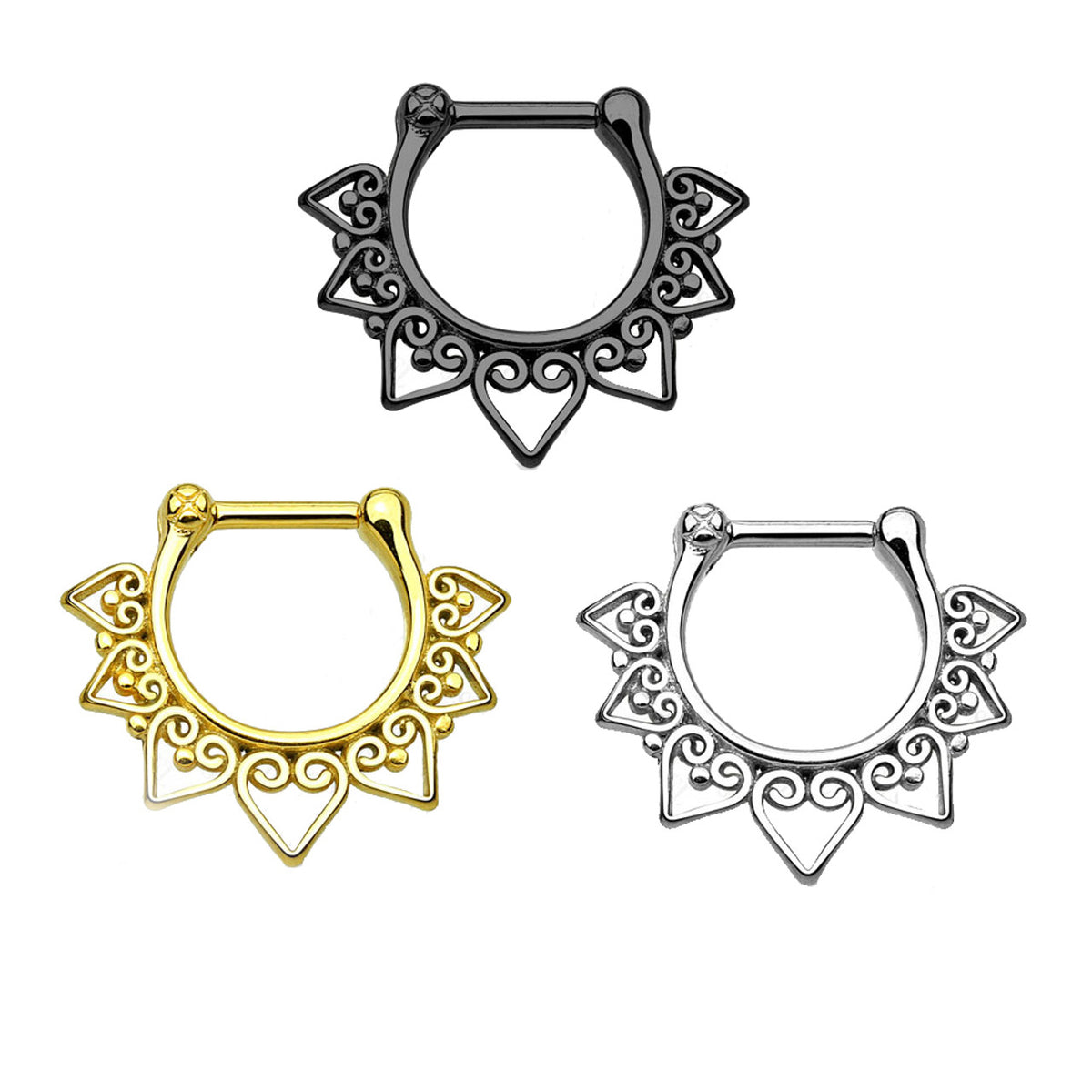 Surgical Steel Septum Clicker Ring 16 Gauge with Heart Tribal Fan - Kruelty