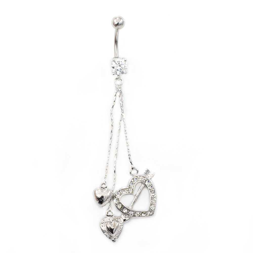 Surgical Steel 14 Gauge Belly Ring with CZ Heart Arrow Dangle