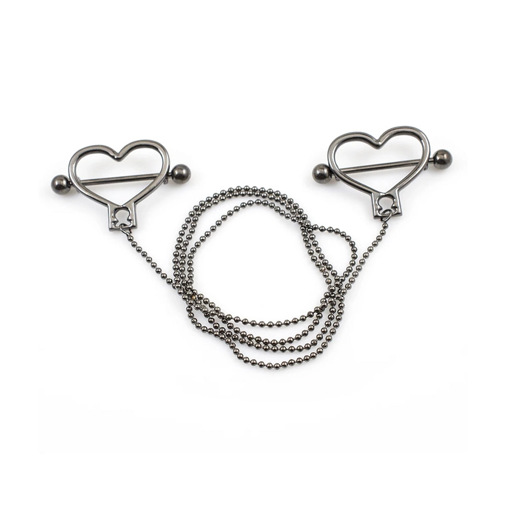 Surgical Steel 14 Gauge Nipple Barbells with Heart Dangle Chain - Pair - photo 3